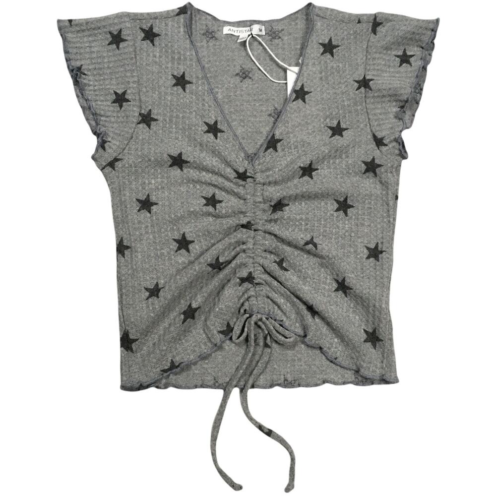 Antistar Top Grey Star Print Waffle Knit Ruched Cinch Front Cap Sleeve Juniors M